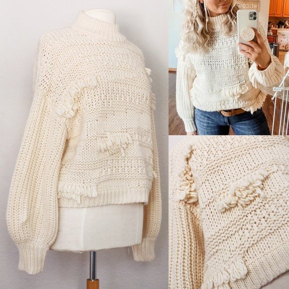 NEW Cream Textured Loop Fringe Balloon Long Sleeves Mock Neck Wool Blend Sweater - Picture 1 of 11
